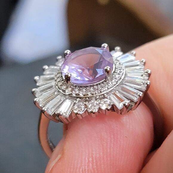 Rhodium Plated Simulated Pink Amethyst Ring - Size 7.5 - Radiant Sunburst Design - Picture 5 of 6